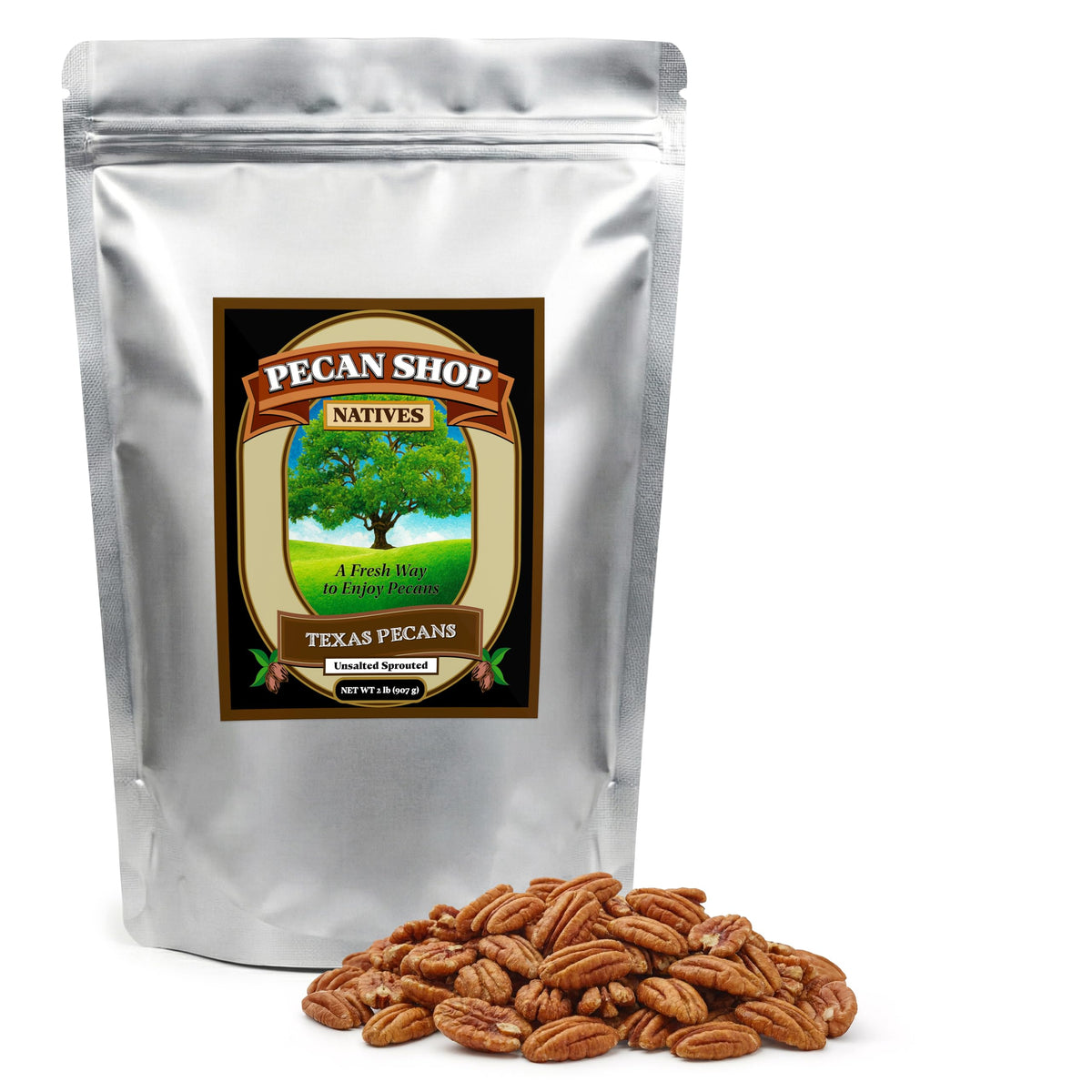 Pecan Shop unsalted sprouted Texas native pecans in a bag for healthy snacking.