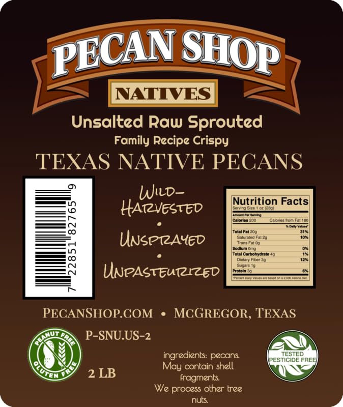 Pecan Shop wild-harvest unsprayed pecans on display showing natural purity.