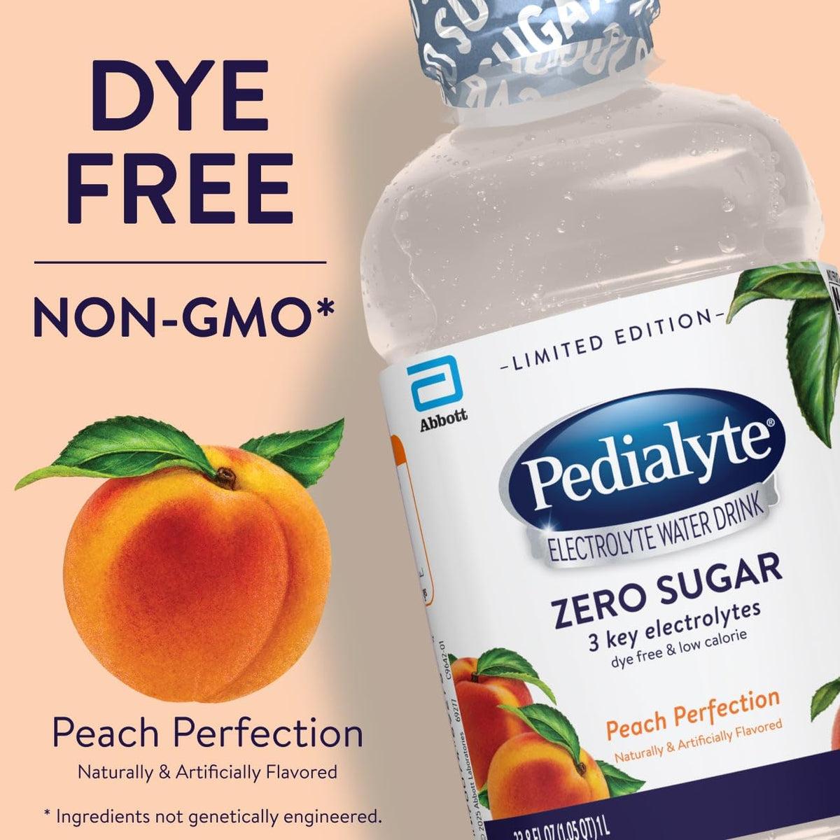 Pedialyte Electrolyte Water label demonstrates dye-free ingredients.