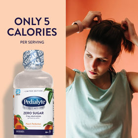 Pack of four Pedialyte bottles on a shelf for convenient hydration on the go.
