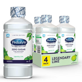 Pedialyte Legendary Lime bottle showing zero sugar hydration with essential electrolytes.