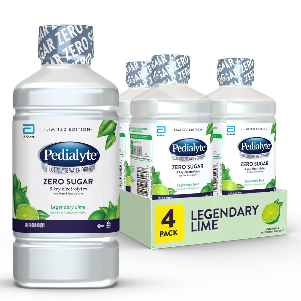 Pedialyte Legendary Lime bottle showing zero sugar hydration with essential electrolytes.