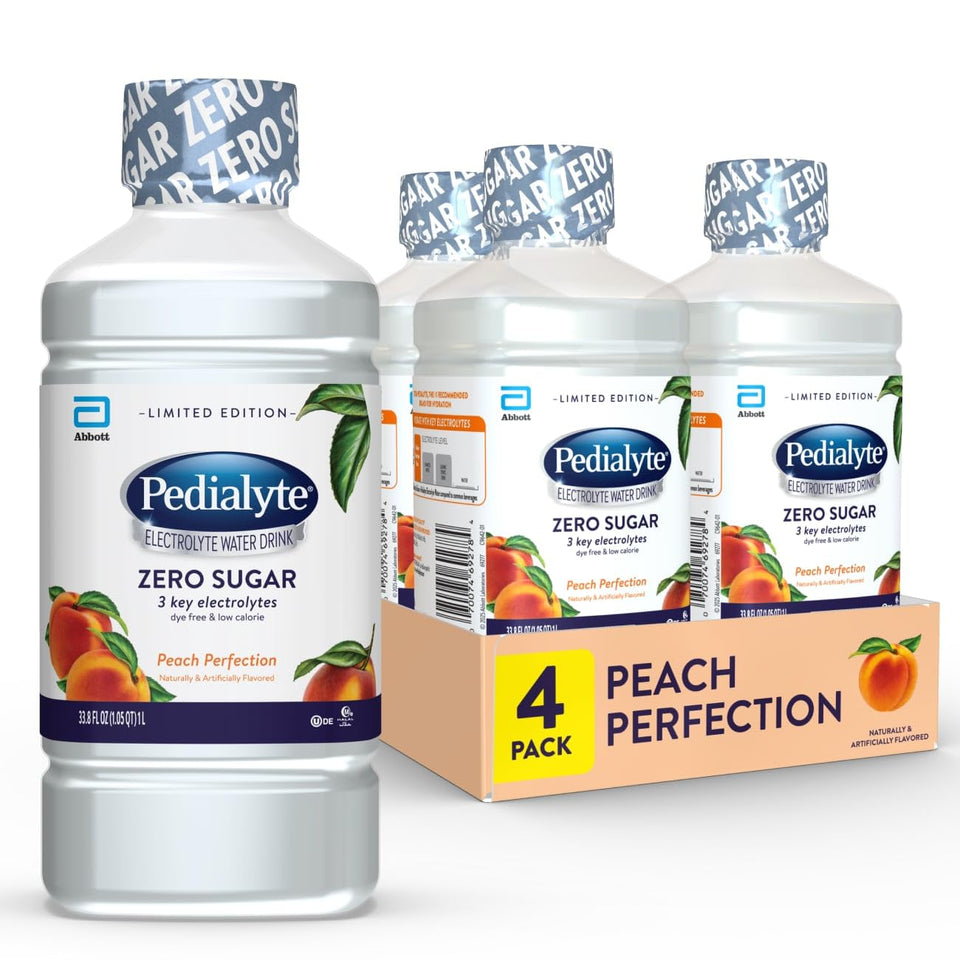 Pedialyte Peach Perfection bottle showing zero-sugar hydration for active adults.