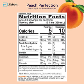 Front view of Pedialyte Peach Perfection packaging emphasizing peach flavor appeal.
