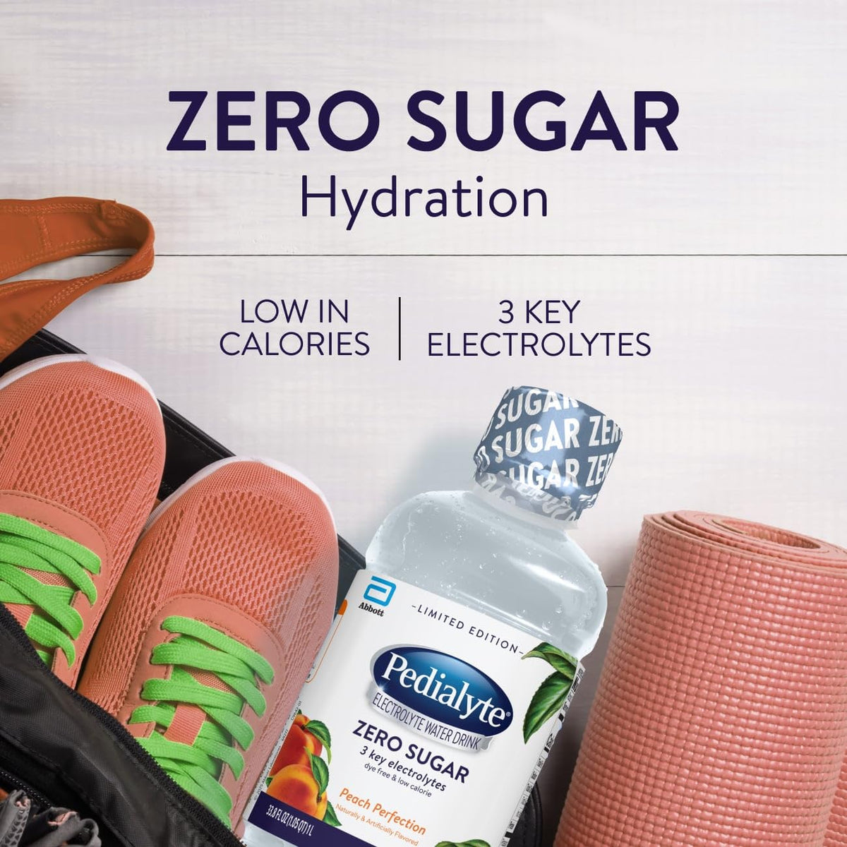 Glass of Pedialyte Electrolyte Water shows zero sugar and hydration balance.