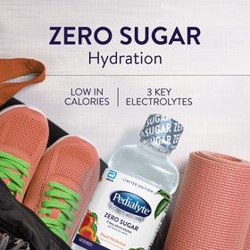 Glass of Pedialyte Electrolyte Water shows zero sugar and hydration balance.
