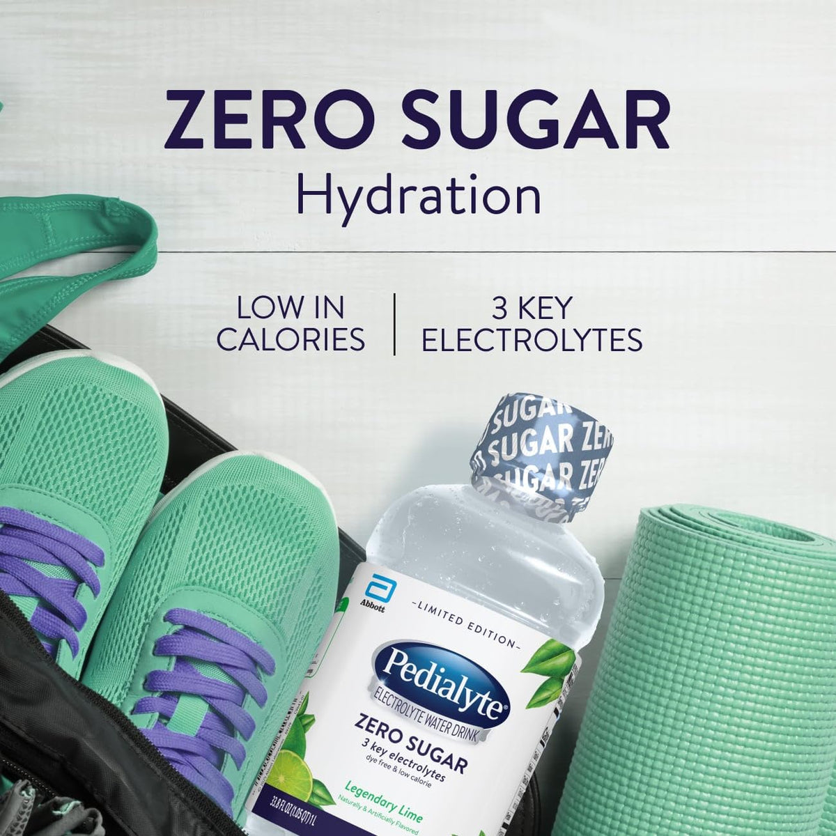 Pedialyte zero sugar label emphasizes a low-calorie hydration option.