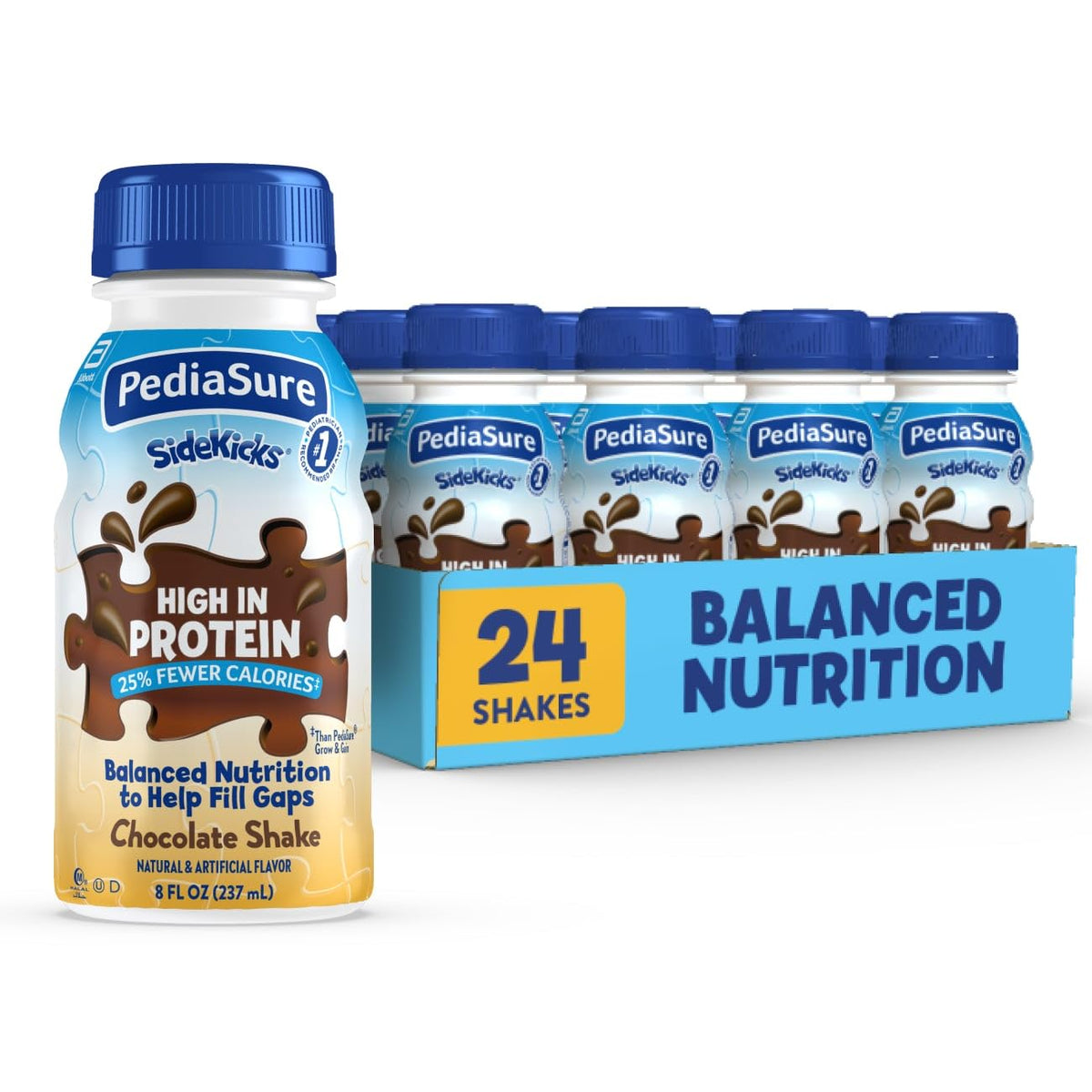 PediaSure SideKicks chocolate bottle shows kid-friendly nutrition