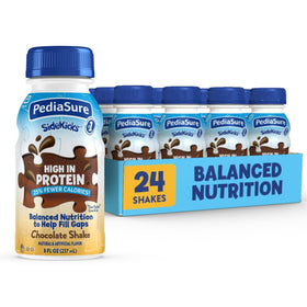 PediaSure SideKicks chocolate bottle shows kid-friendly nutrition
