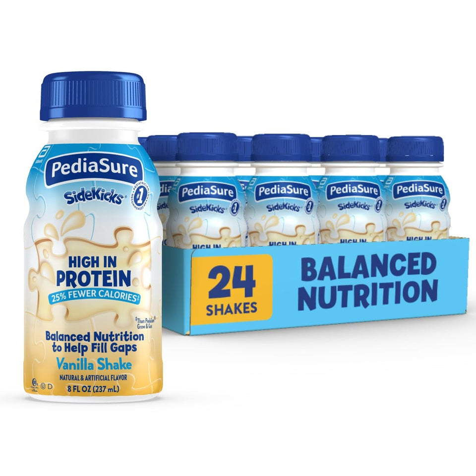 PediaSure SideKicks Vanilla bottle emphasizes protein-rich nutrition for growing kids.
