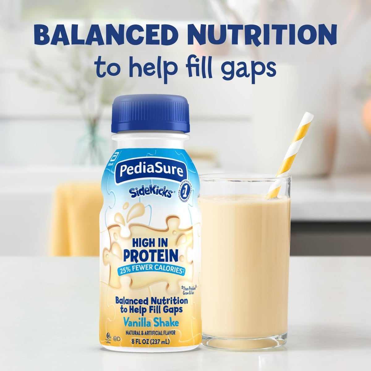 Child drinking PediaSure SideKicks Vanilla supports essential vitamins and minerals.