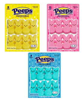 Peeps Bunnies variety pack hero image with blue, yellow, and pink bunnies for Easter