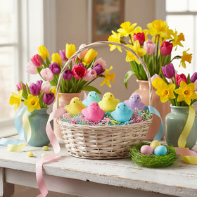 Peeps pink box with fluffy marshmallow chicks for baking decorations.