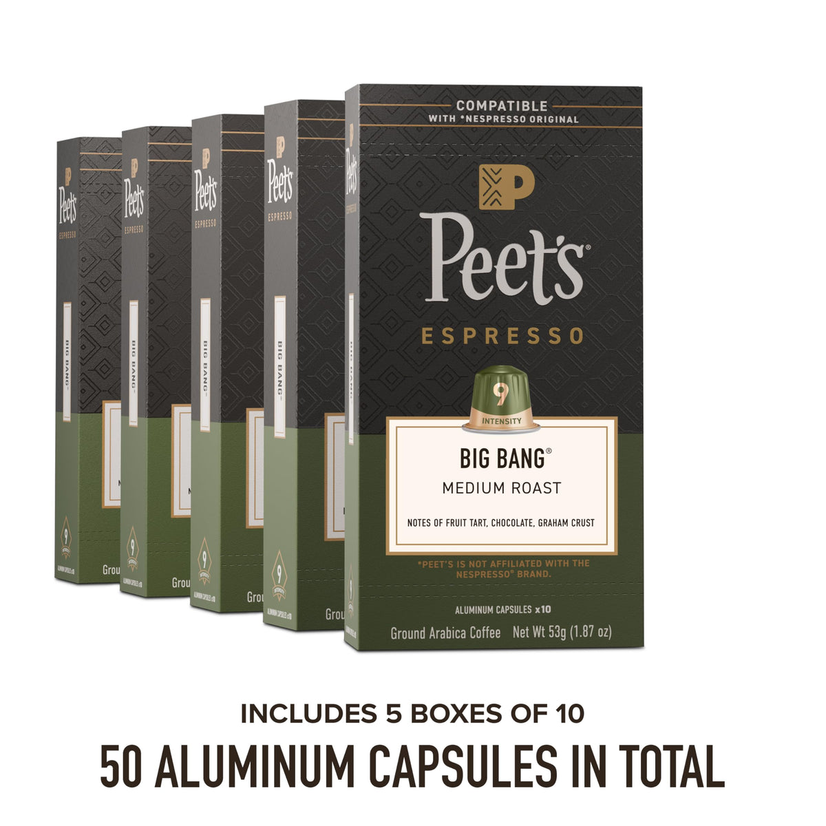 Peet's Big Bang capsule close-up showing 100% Arabica quality.