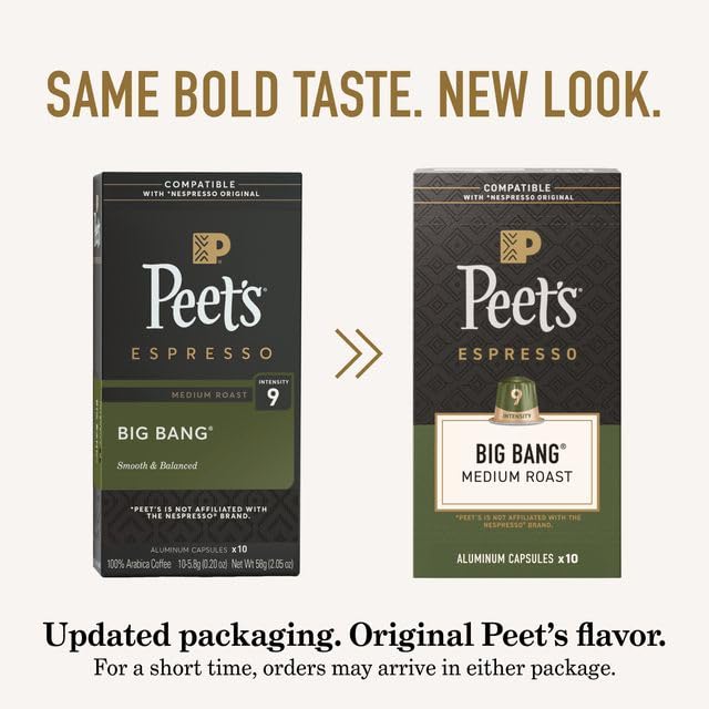 Peet's Big Bang capsule being poured into an espresso cup with rich crema.