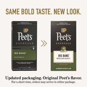 Peet's Big Bang capsule being poured into an espresso cup with rich crema.