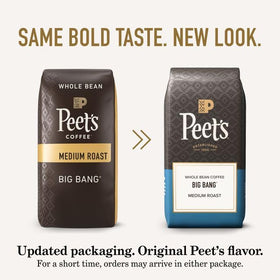 Peet's Big Bang coffee beans close-up highlighting rich texture and inviting aroma.