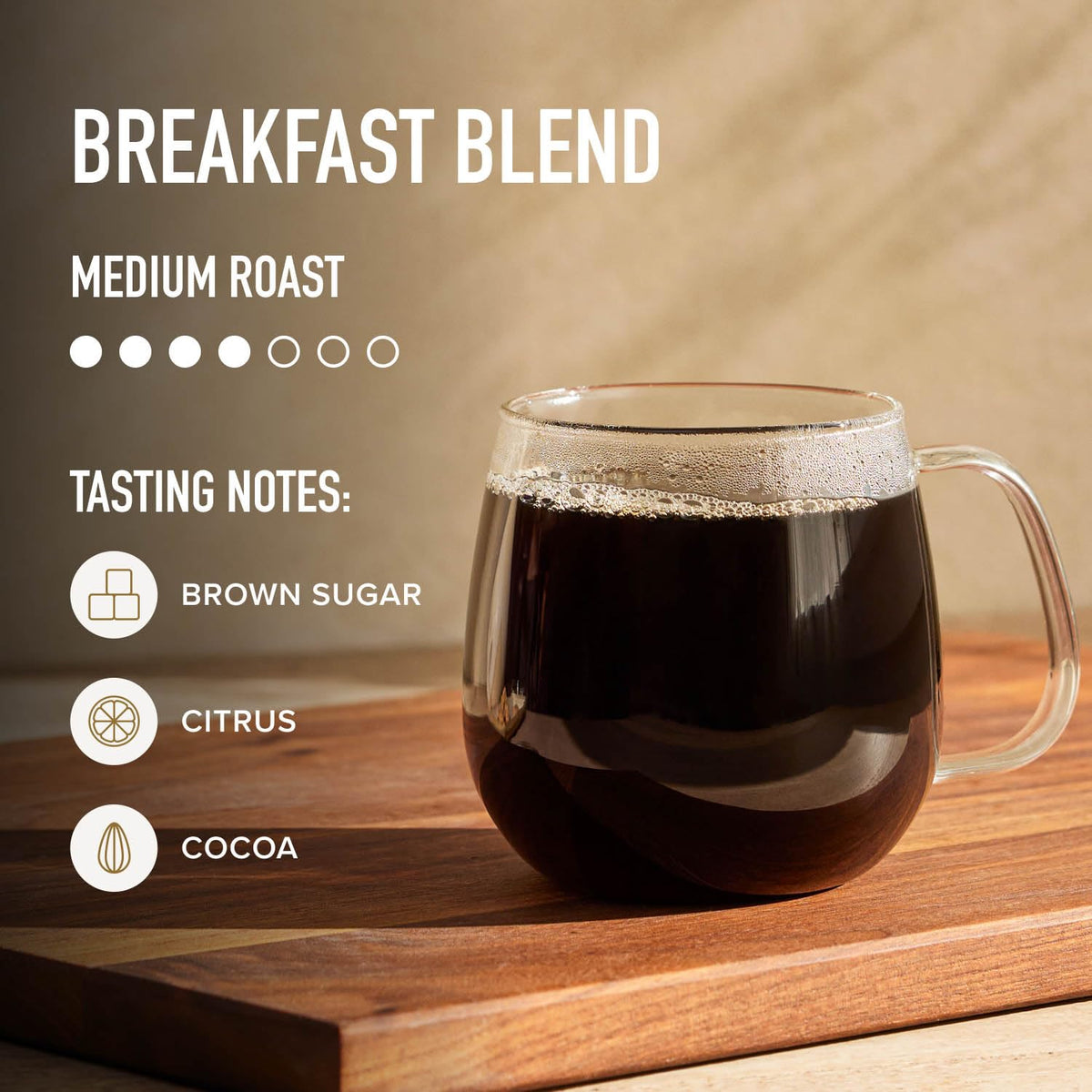 Steam rising from a cup of Peet's Breakfast Blend aromatic brew.