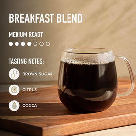 Steam rising from a cup of Peet's Breakfast Blend aromatic brew.