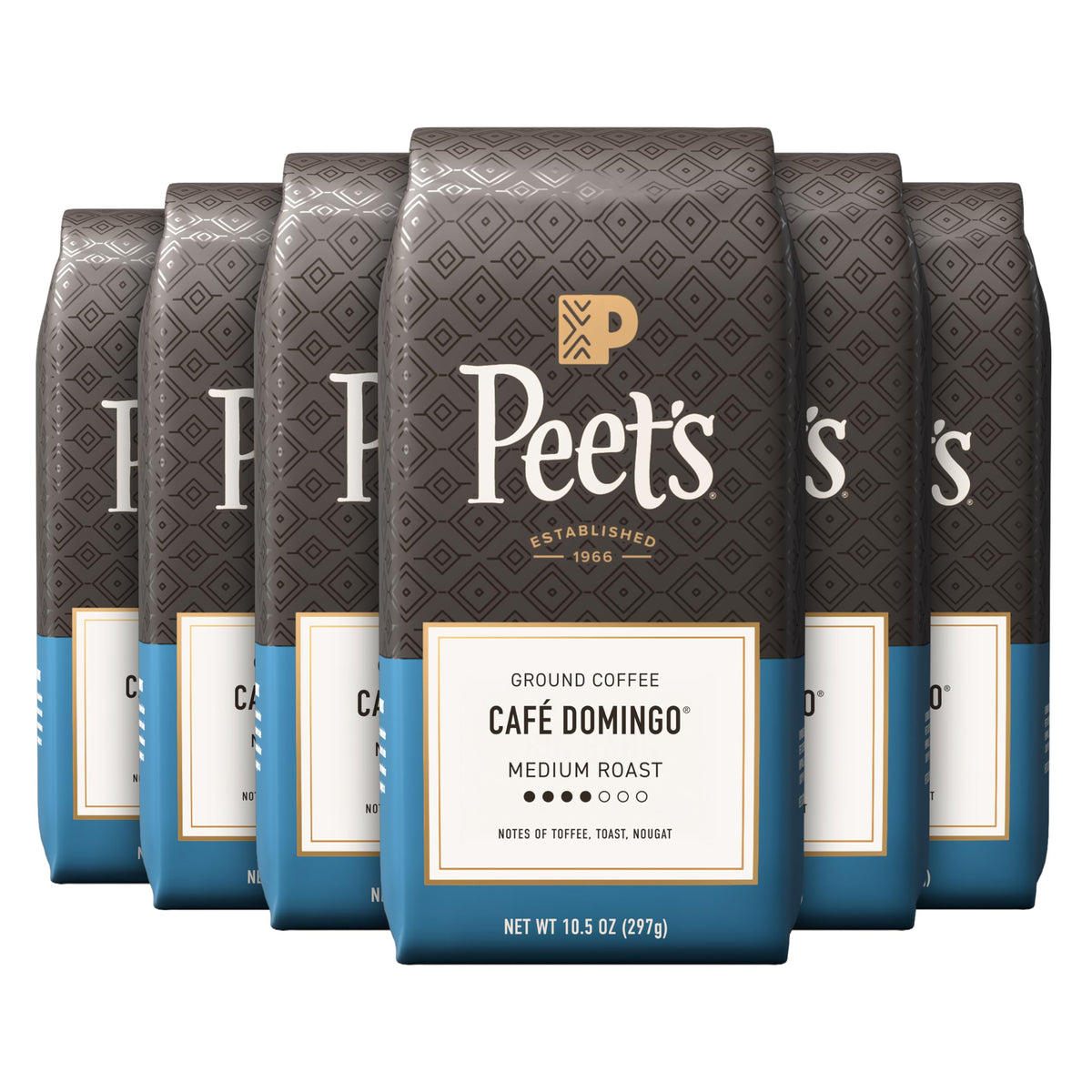 Peet's Café Domingo ground coffee six-pack ready for reliable drip brewing.