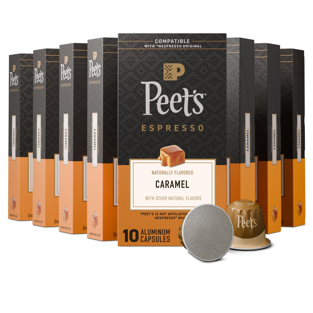 Peet's Caramel Espresso Capsules box shows a convenient 10-box bundle for easy stocking.