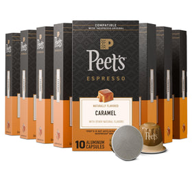Peet's Caramel Espresso Capsules box shows a convenient 10-box bundle for easy stocking.
