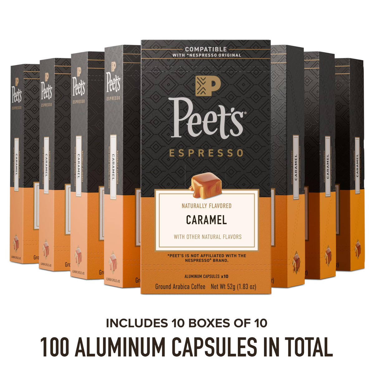 Close-up of Peet's Caramel Espresso Capsules highlighting rich aroma and caramel notes.