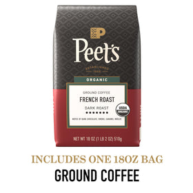 Peet's Arabica beans close-up reveals dense, flavor-rich coffee.