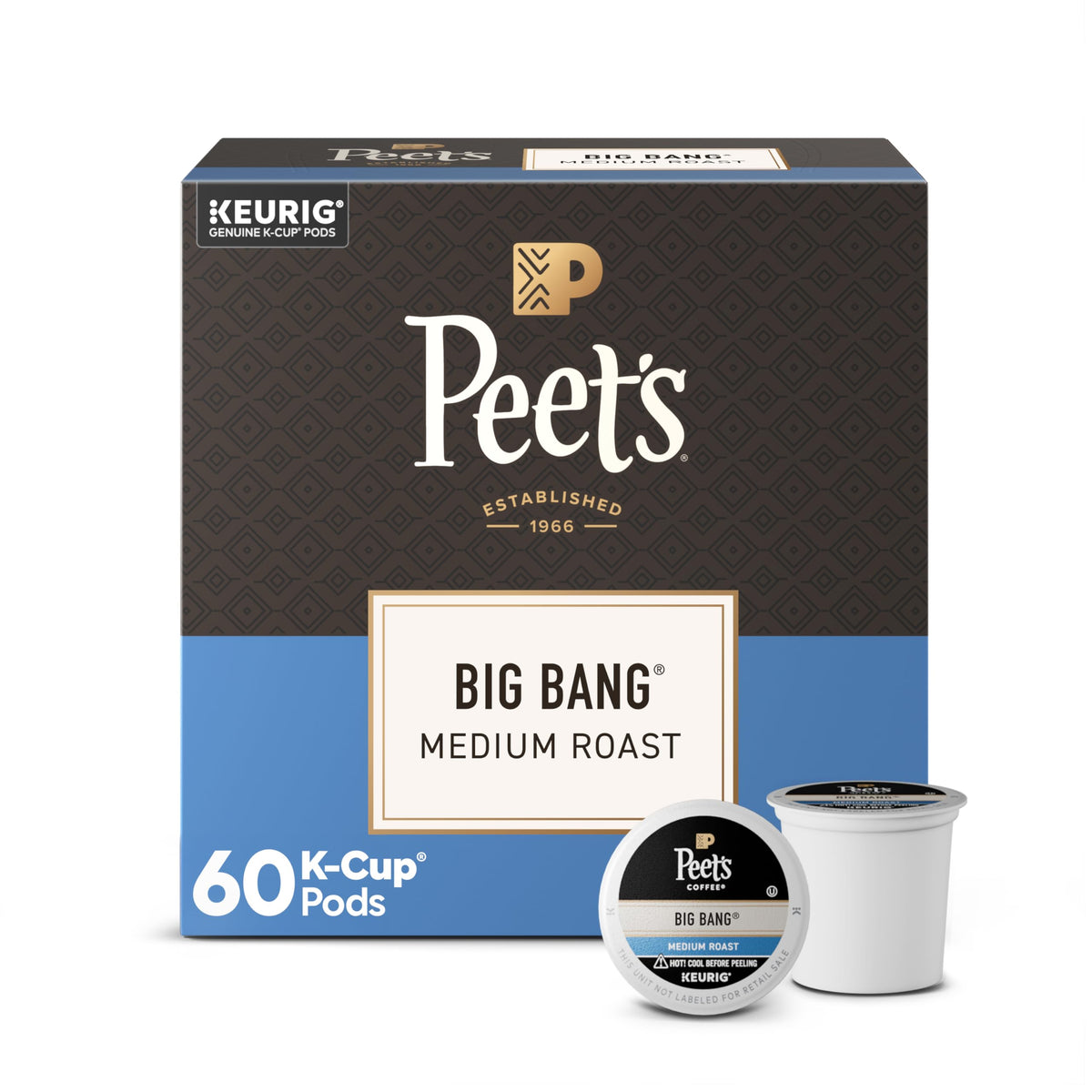 Peet's Big Bang 60-count box of K-Cups for Keurig brewers, reliable morning ritual.