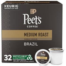 Peet's Brazil origin box of 32 K-Cup Pods for Keurig brewers.