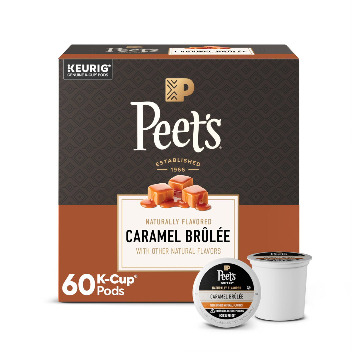Peet's Caramel Brûlée K-Cup box packaging for quick mornings.