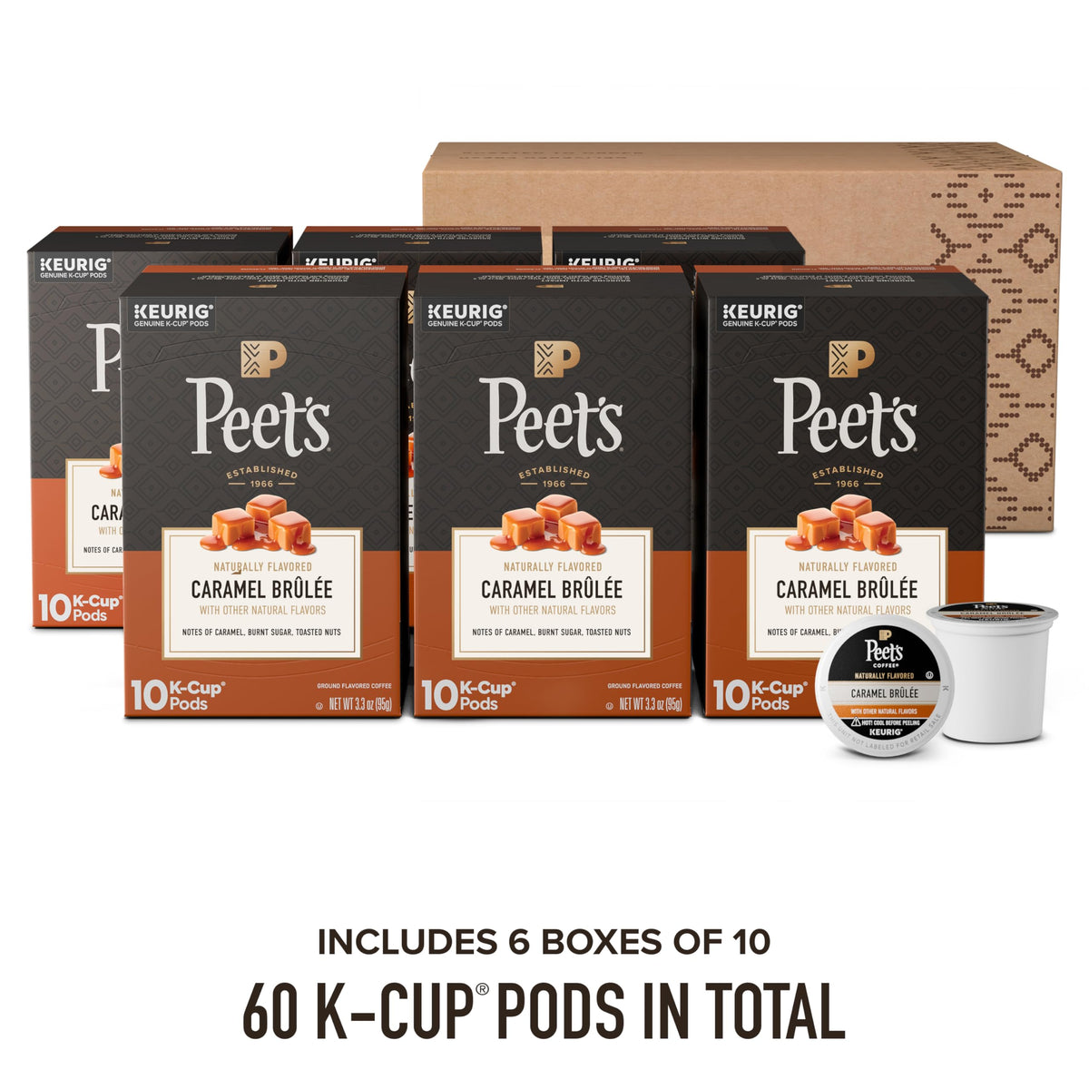 Peet's Caramel Brûlée K-Cup pod close-up showing natural flavor infusion.
