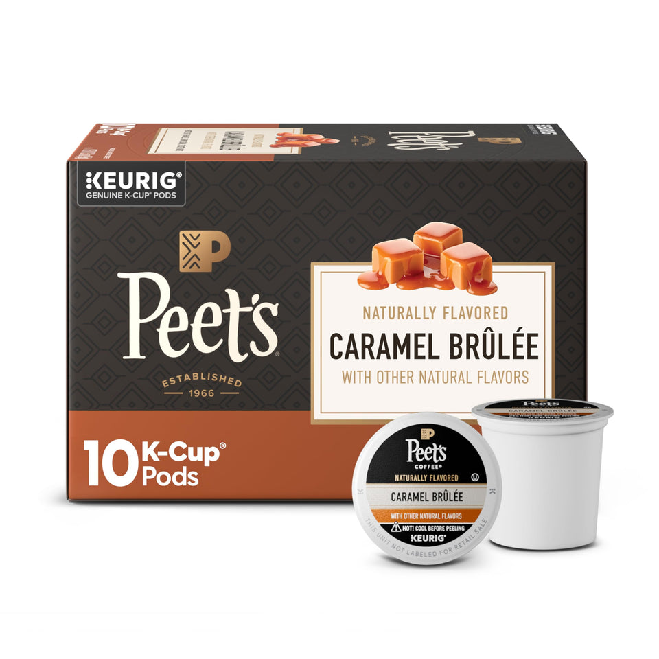 Peet's Coffee Caramel Brûlée pods front view, rich aroma for a smooth morning cup.