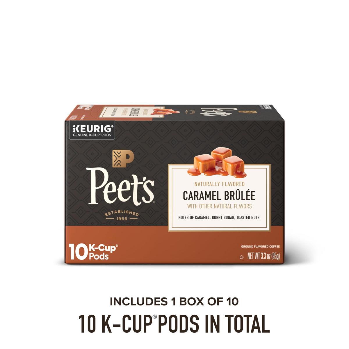 Peet's Caramel Brûlée K-Cups pack shot, convenient single-serve flavor option.