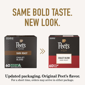 Steaming cup of Peet's Chalet Blend dark roast with nutty aroma.