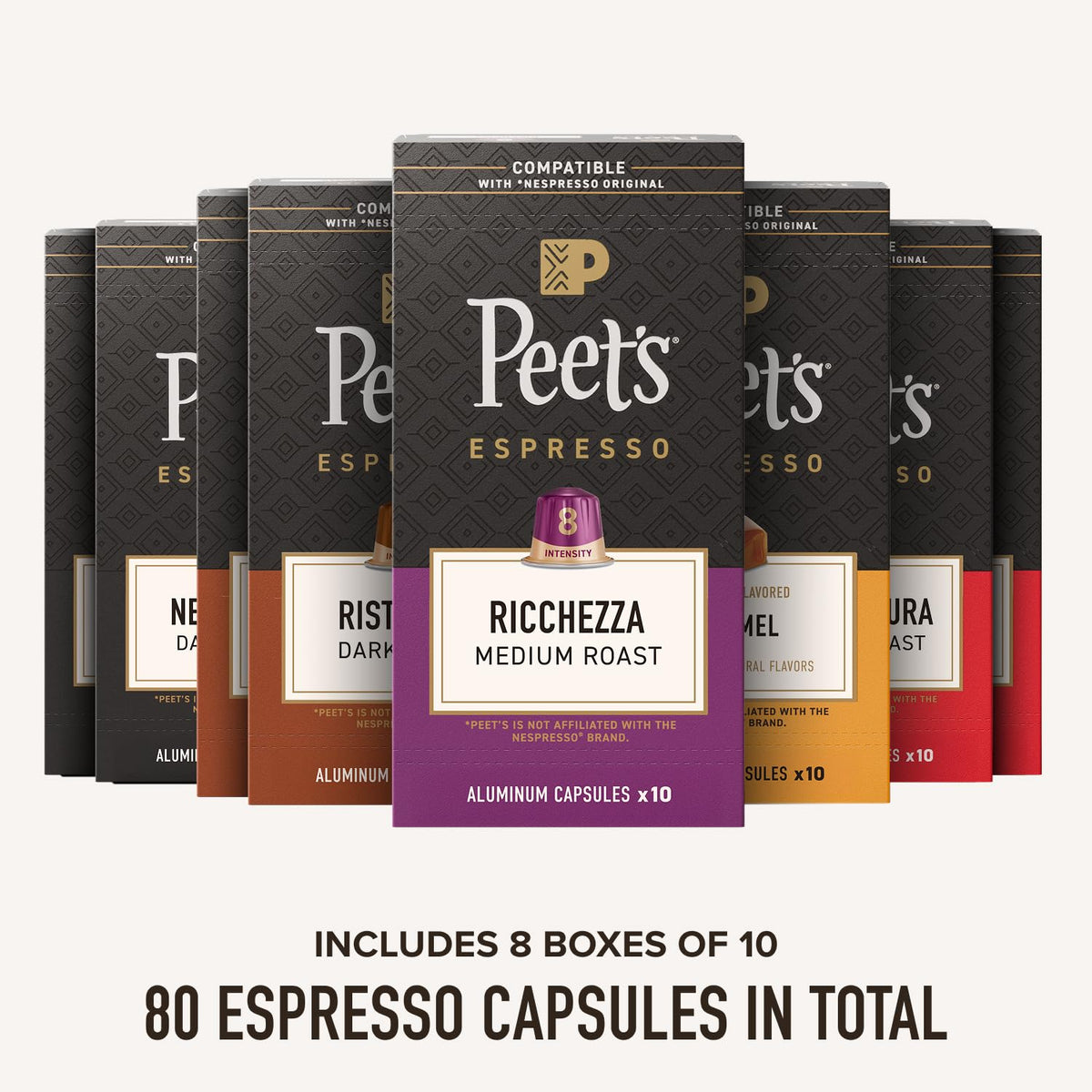 Peet's Coffee Crema Scura capsules close-up highlighting full-bodied crema and earthy notes.