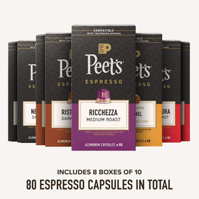 Peet's Coffee Crema Scura capsules close-up highlighting full-bodied crema and earthy notes.