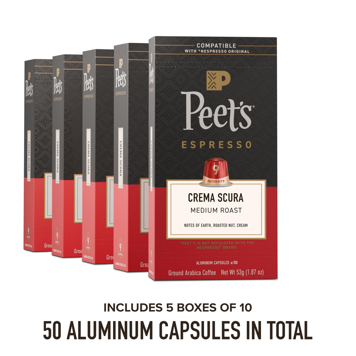 Close-up of Peet's Crema Scura capsules with premium aluminum packaging