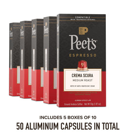 Close-up of Peet's Crema Scura capsules with premium aluminum packaging