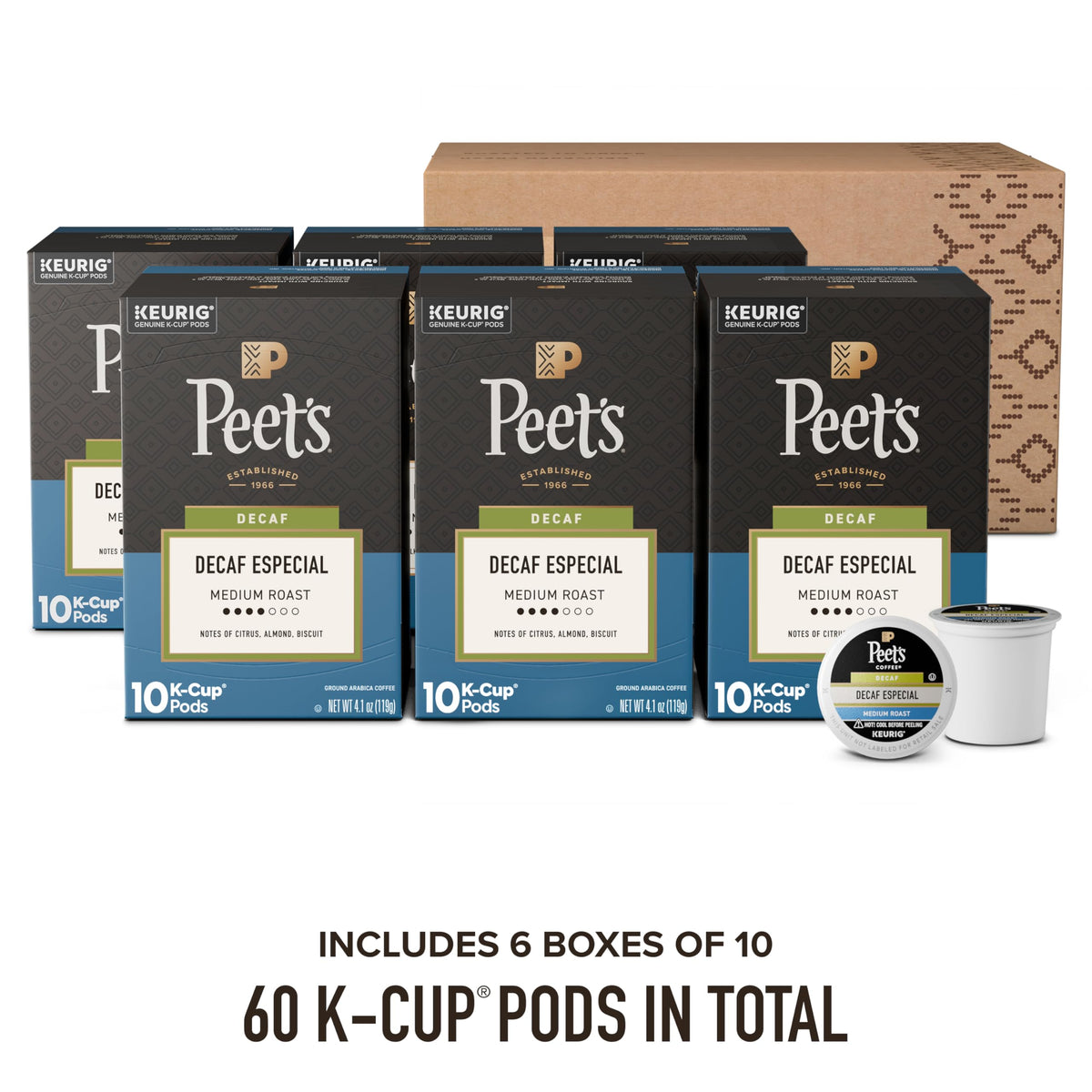Peet's Coffee Decaf Especial pods closeup showing medium roast flavor.