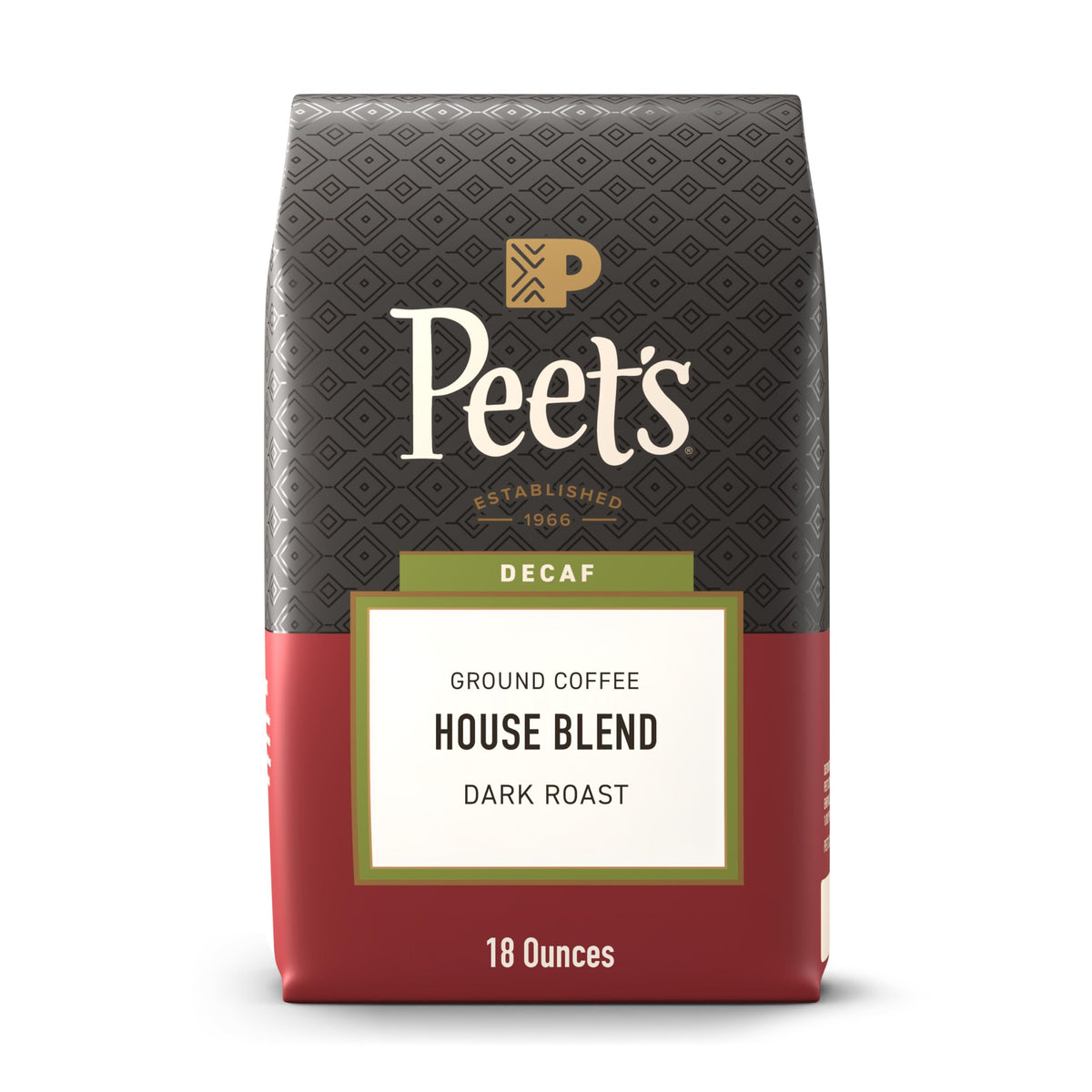 Peet's Decaf House Blend 18 oz bag delivering rich flavor with caffeine removed.