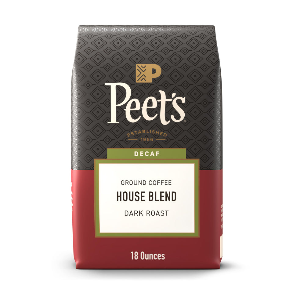 Peet's Decaf House Blend 18 oz bag delivering rich flavor with caffeine removed.