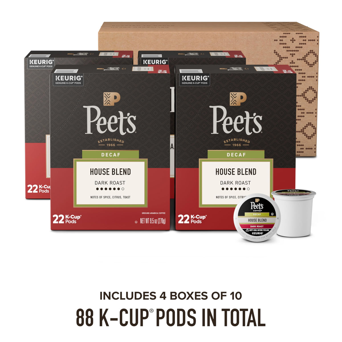 Close-up of Peet's Decaf House Blend arabica beans with rich aroma.