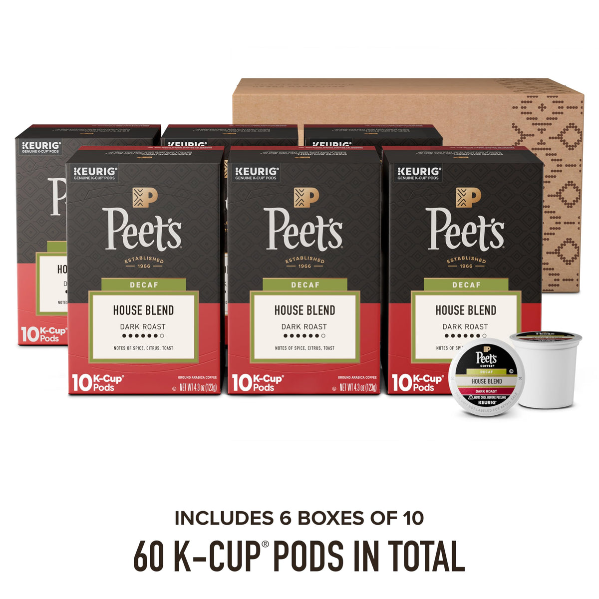 Peet's Decaf House Blend aroma in a single-serve pod, ideal for morning routine