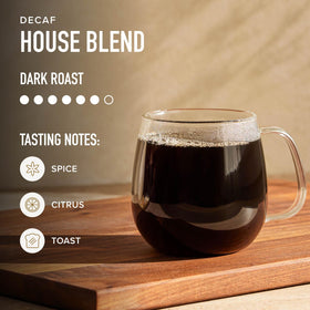 A steaming cup of Peet's Decaf House Blend for slow sipping.