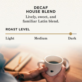 Dark roast profile of Peet's Decaf with wood smoke and burnt caramel notes.
