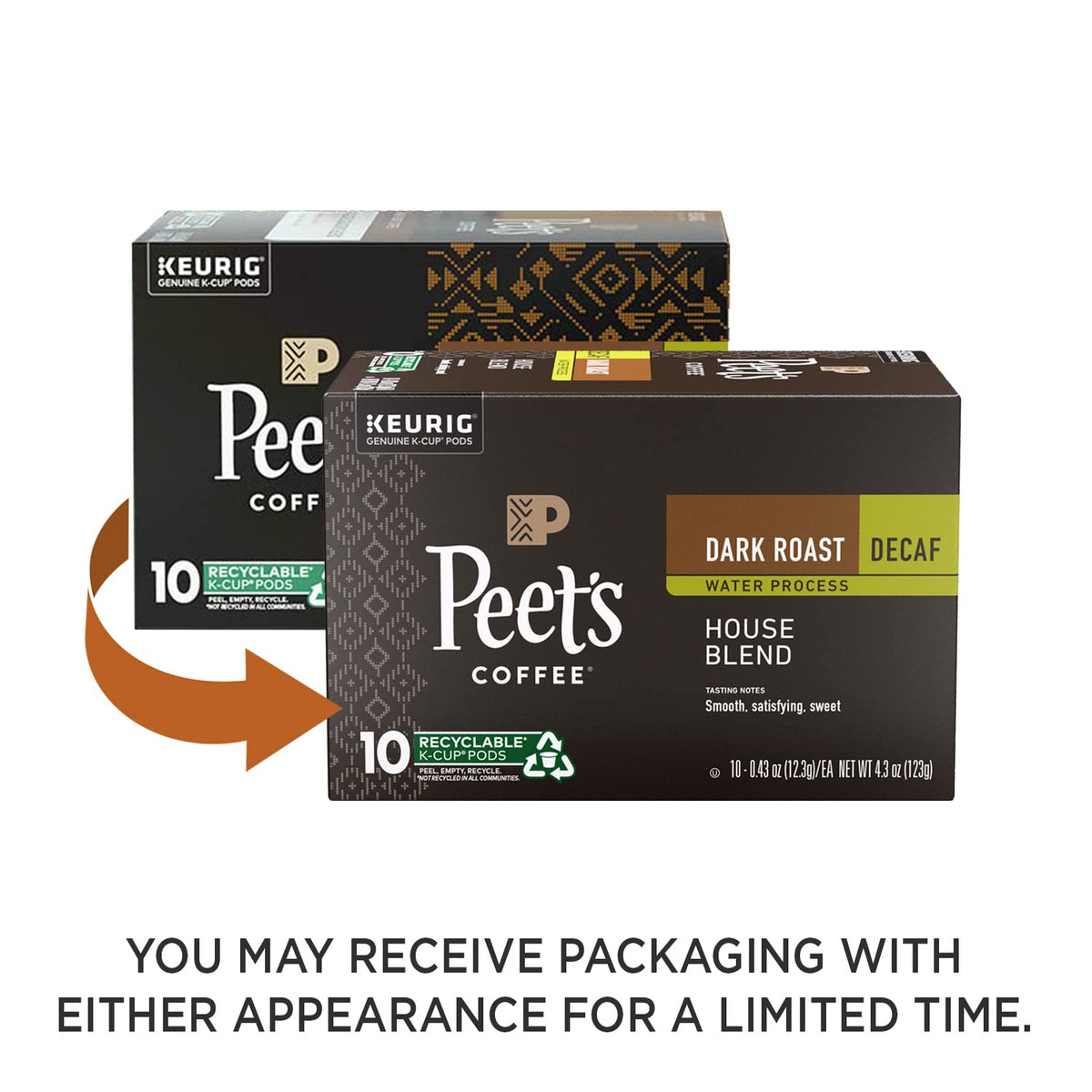 Peet's Decaf House Blend packaging shows Keurig compatibility for easy brewing.