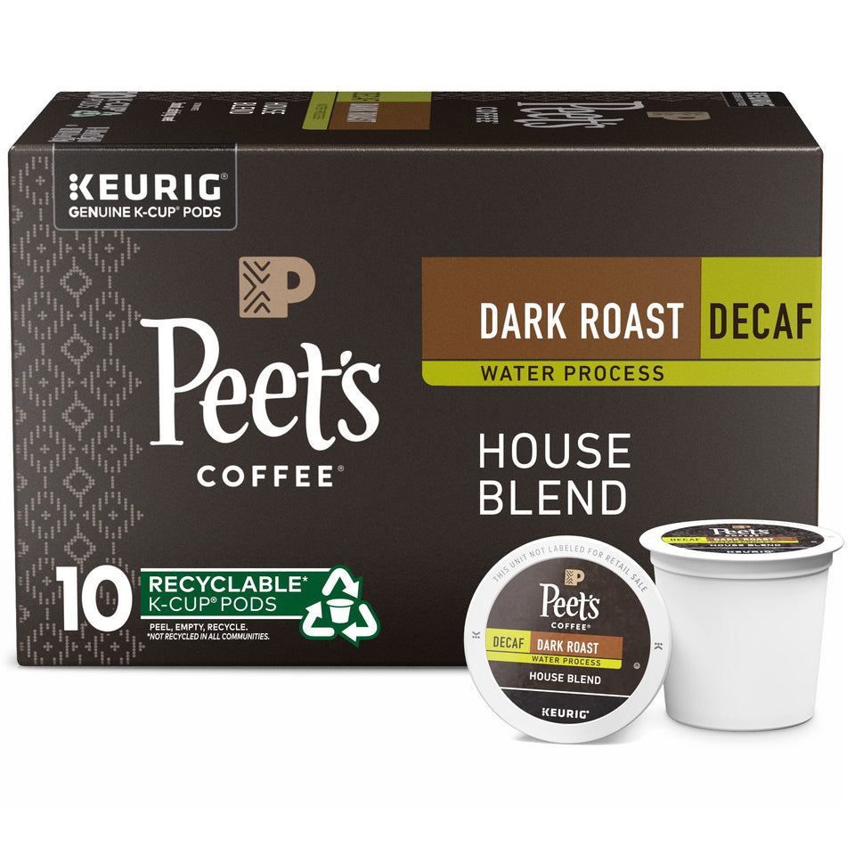 Peet's Coffee Decaf House Blend K-Cup pods with bold flavor without caffeine.