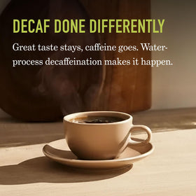 Steaming cup showcases Peet's Decaf House Blend approachable taste.