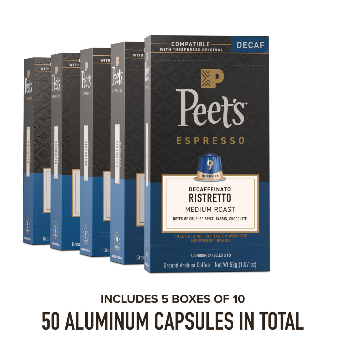 Close-up of Peet's Decaffeinato Ristretto aluminum capsule highlighting aroma and structure